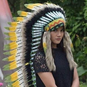 Yellow Feather Headdress, Native American Inspired War Bonnet, Costume Decor