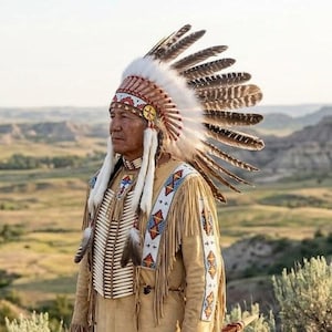 Op de afbeelding: Een beige outfit van hertenleer met lange franjes, ingewikkeld kralenwerk in blauwe, rode en witte patronen, en een grote verentooi met witte bontaccenten. Een houten pijp wordt in één hand gehouden, met bijpassende mocassins met kralen.