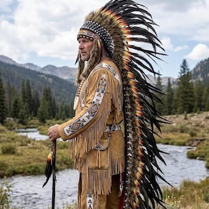 Op de afbeelding: Een persoon gekleed in traditionele Native American kleding, inclusief een gevederde hoofdtooi en een jasje met franjes. De hoofdtooi heeft bruine, zwarte en gele veren. De outfit omvat een jasje en broek met franjes, met gedetailleerd kralenwerk en een klein zakje.