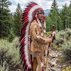 Peut inclure: Une personne portant une coiffe amérindienne traditionnelle avec des plumes rouges, blanches et noires. La personne porte également une veste et un pantalon en daim beige avec des perles décoratives et tient un bâton en bois.