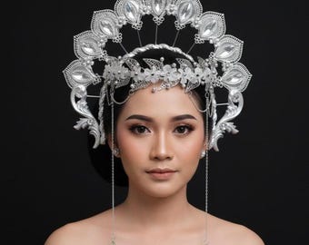 Couronne halo argentée, serre-tête reine fleur diamants, diadème féerique nuptiale
