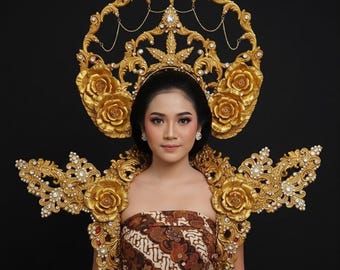 Gold Crystal Queen Crown with Shoulder Wings: Bridal Costume Headpiece