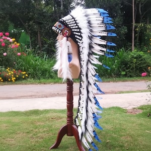Coiffe de plumes bleues : bonnet de guerre de style amérindien, costume d'Halloween