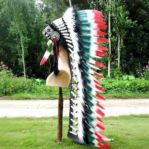 Red and Green Rooster Feather Headdress, Apache Style Replica