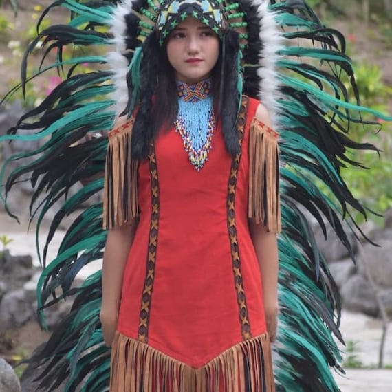 Turquoise Feathers Indian Inspired Boho Headdress Native American War Bonnet Turquoise Feathers Indian Inspired Boho Headdress Native American War Bonnet