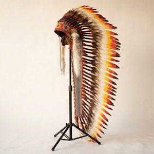 Puede incluir: Un tocado alto con una larga hilera de plumas en tonos blanco, marrón, amarillo y rojo. La banda frontal está decorada con un patrón geométrico en rojo, amarillo y negro, acentuado con pequeños adornos circulares y piel blanca.