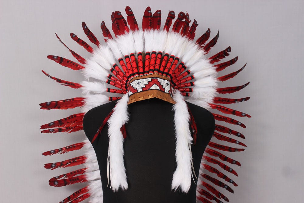 Red Feather Headdress: Native American Inspired Costume Headpiece