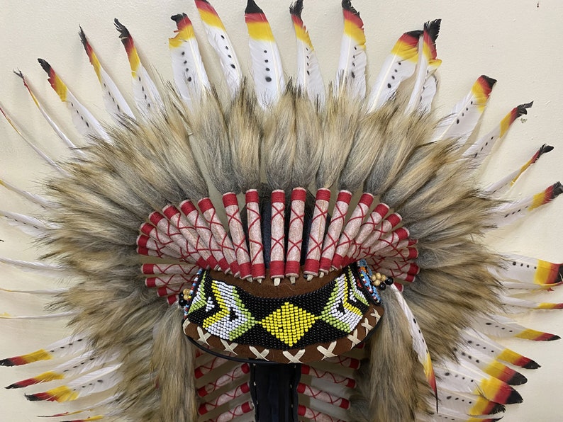 May include: A Native American headdress with a brown base and a beaded design. The headdress is adorned with white and red feathers, and a long, brown fur trim.