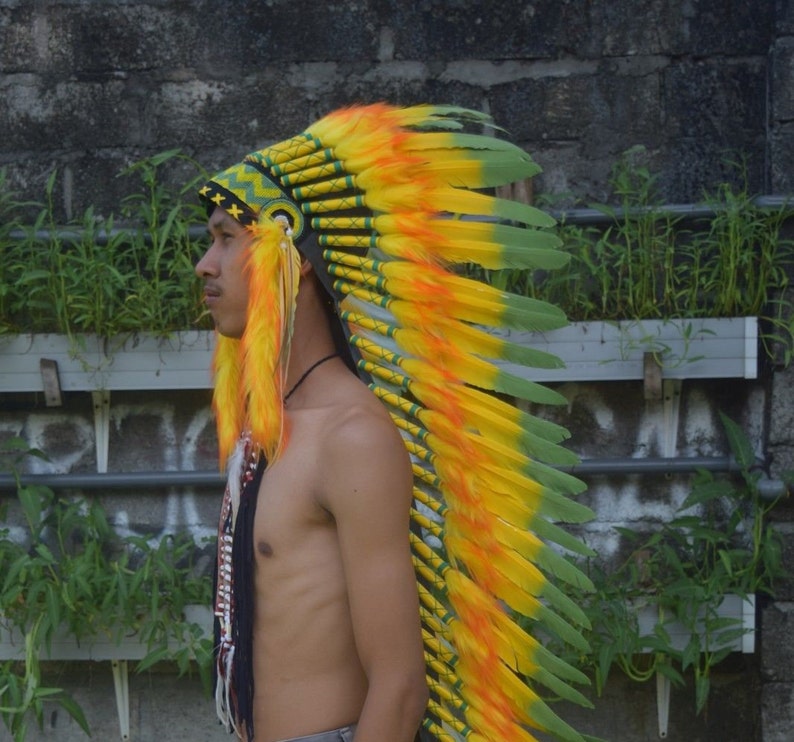 Indian Headdress Large Warbonnet Black Yellow Feather Warbonnet Replica Handmade