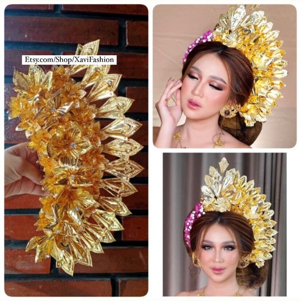 Gold petal Bridal headpiece vintage metal Flower floral vine golden leaf bali hairpiece Bride Wedding goddess ball hair