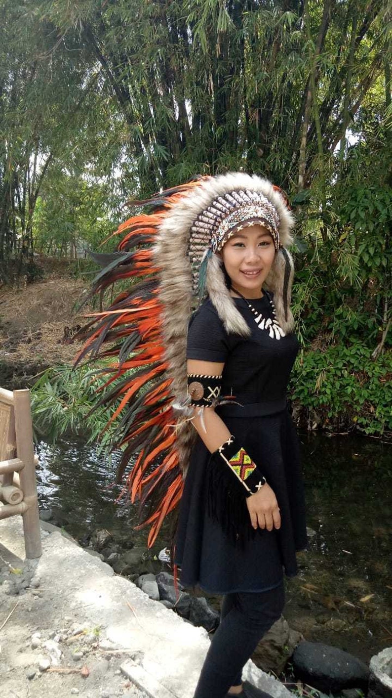 Indian Headdress Headgear Handmade Orange Indian Headdress Large Indian Headdress Replica Feather Headdress Indian Inspired