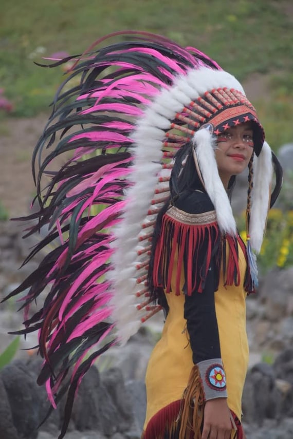 Pink Feather Headdress: Indian Halloween Costume, Festival 