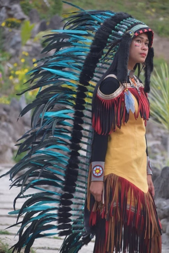 Red Brown Feathers Indian Inspired Boho Headdress Native American War Bonnet