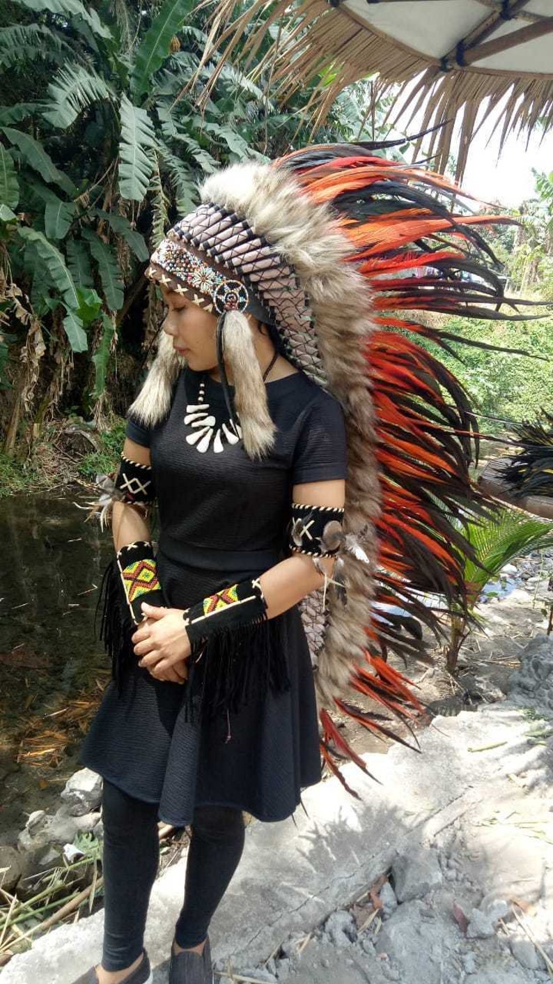 Indian Headdress Headgear Handmade Orange Indian Headdress Large Indian Headdress Replica Feather Headdress Indian Inspired