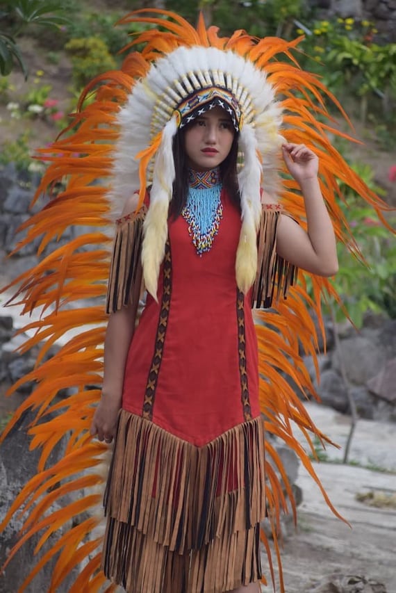 Feather Headdress, Orange Handmade Warbonnet, Indian Costume - Etsy