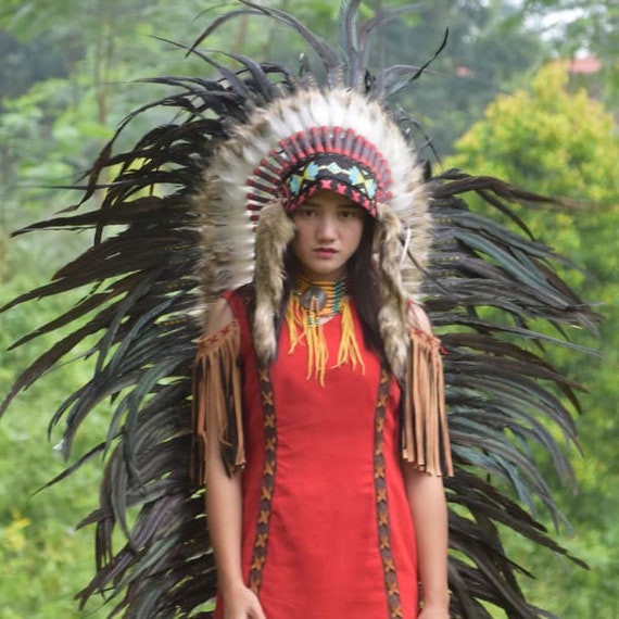 Copricapo indiano copricapo indiano replica piume, copricapo sioux, indiano  per festival, copricapo nero marrone da uomo donna -  Italia