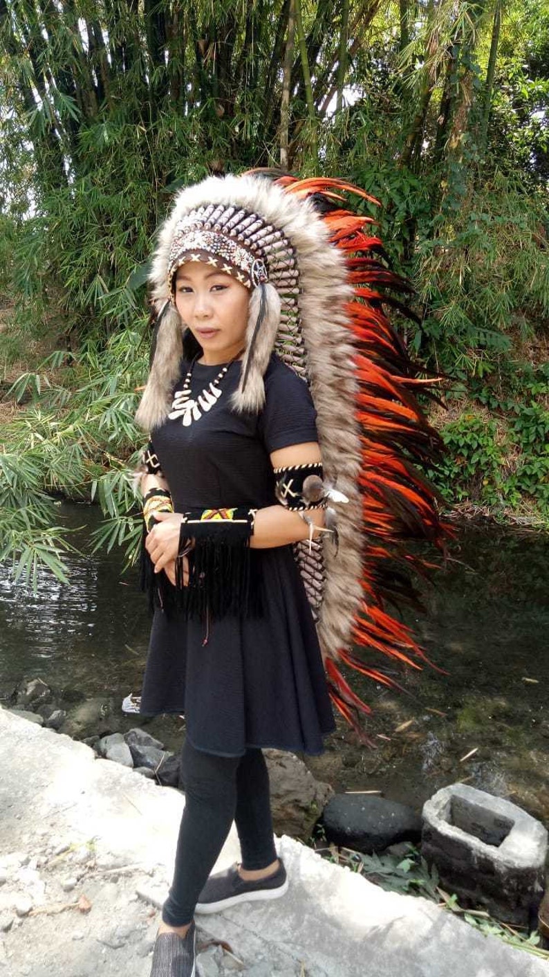 Indian Headdress Headgear Handmade Orange Indian Headdress Large Indian Headdress Replica Feather Headdress Indian Inspired