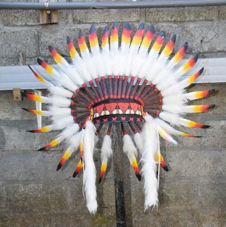 Headband Hat Feather Native American Orange Indian Headdress Handmade Warbonnet