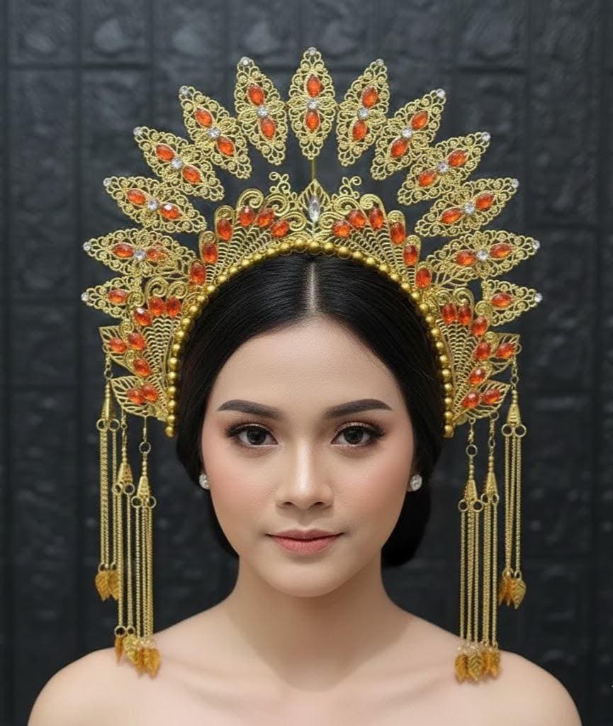 Ayyara Gold Plated Headpiece - Indonesian Designer Traditional Indonesian bridal headdress crown or tiara  main image 2
