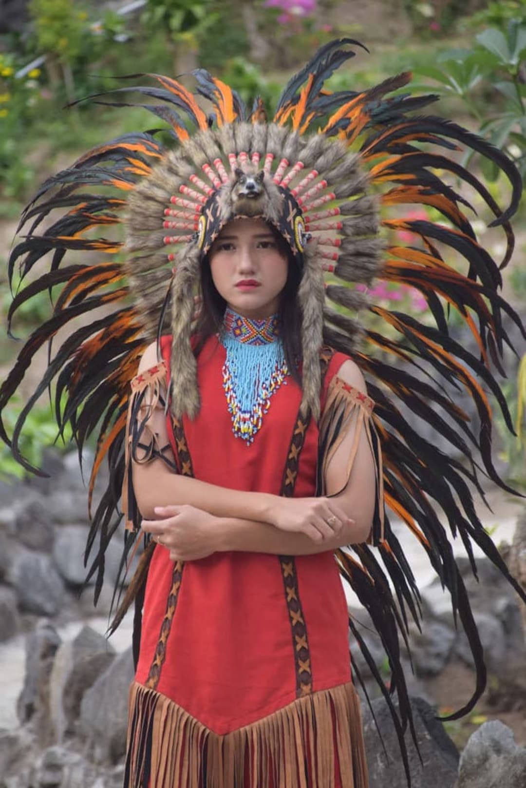 Vintage Handmade Beaded Headdress – Natural Horn & Shell Fringe, Artisan Boho Fe Amazon.com: GORTIN Indian Feather Headdress Boho Feather  main image 2