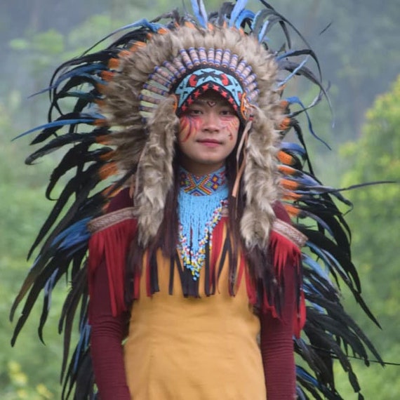 indian head dress Blue Feather Headdress, Warbonnet, Indian Inspired Headpiece, Halloween  Costume
