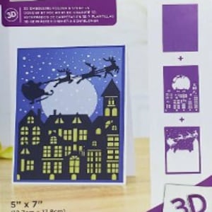 May include: A Gemini 3-piece die set for crafting. The set includes a 5" x 7" (12.7cm x 17.8cm) card with a silhouette of Santa's sleigh over a town at night. The packaging includes the text "Gemini" and "3D".