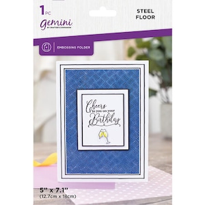 May include: An embossing folder by Gemini, featuring a blue textured background and a white card with the text "Cheers to you on your Birthday" and two champagne glasses. The folder measures 5" x 7.1".