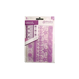 May include: A package of Gemini embossing folders with various decorative patterns. The folders are purple and feature floral, snowflake, and geometric designs. The package includes the text "EMBOSSING FOLDER" and the Gemini logo.