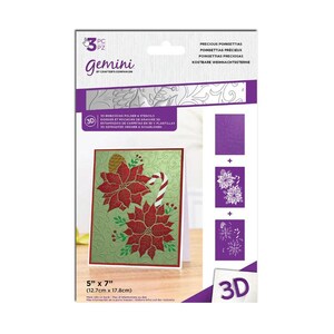 May include: A Gemini 3D embossing folder and stencil set featuring a poinsettia design. The set includes a card with red poinsettias and a candy cane on a green background. The package is 5" x 7" (12.7cm x 17.8cm).