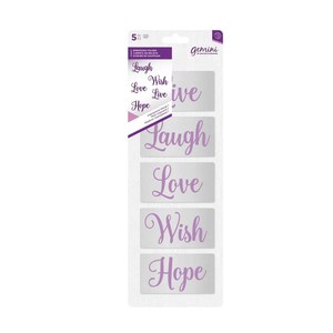 May include: A package of five embossing folders with the words "Laugh, Love, Wish, Live, Hope" in a cursive font. The words are in a light purple color. The package is white with purple accents.