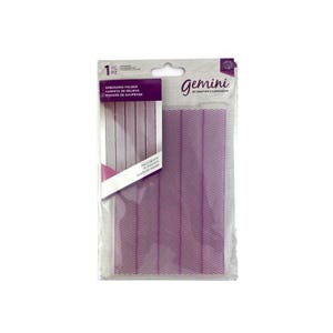 May include: A purple embossing folder with a chevron pattern, packaged in clear plastic. The package includes the text "EMBOSSING FOLDER" and the brand name "Gemini". The folder is designed for crafting and creating textured designs.