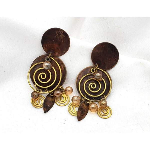 Vintage Copper earrings with beads and swirls handmade posts 2 1/2 inch dangles long