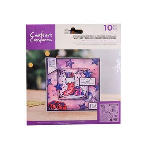 Crafters Companion Gemini Christmas collage stamp Stocking and Present snow background