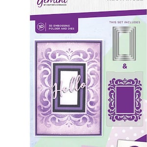 May include: A craft set featuring a Regal Rectangle design. The set includes a 3D embossing folder and dies. The main design is a purple rectangle with the word "Hello" in cursive. The folder size is 6" x 4".