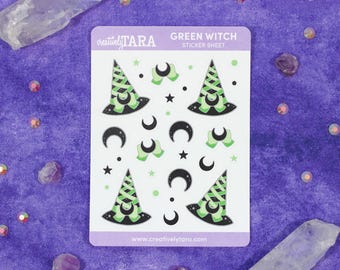 Green Pretty Witch - Planner - Bullet Journal - Paper Sticker Sheet