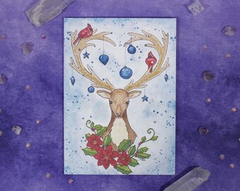 Watercolor Deer Holiday Greeting Card - Happy Holidays Greeting Card - Christmas Card - Deer Holiday Card - Artprint