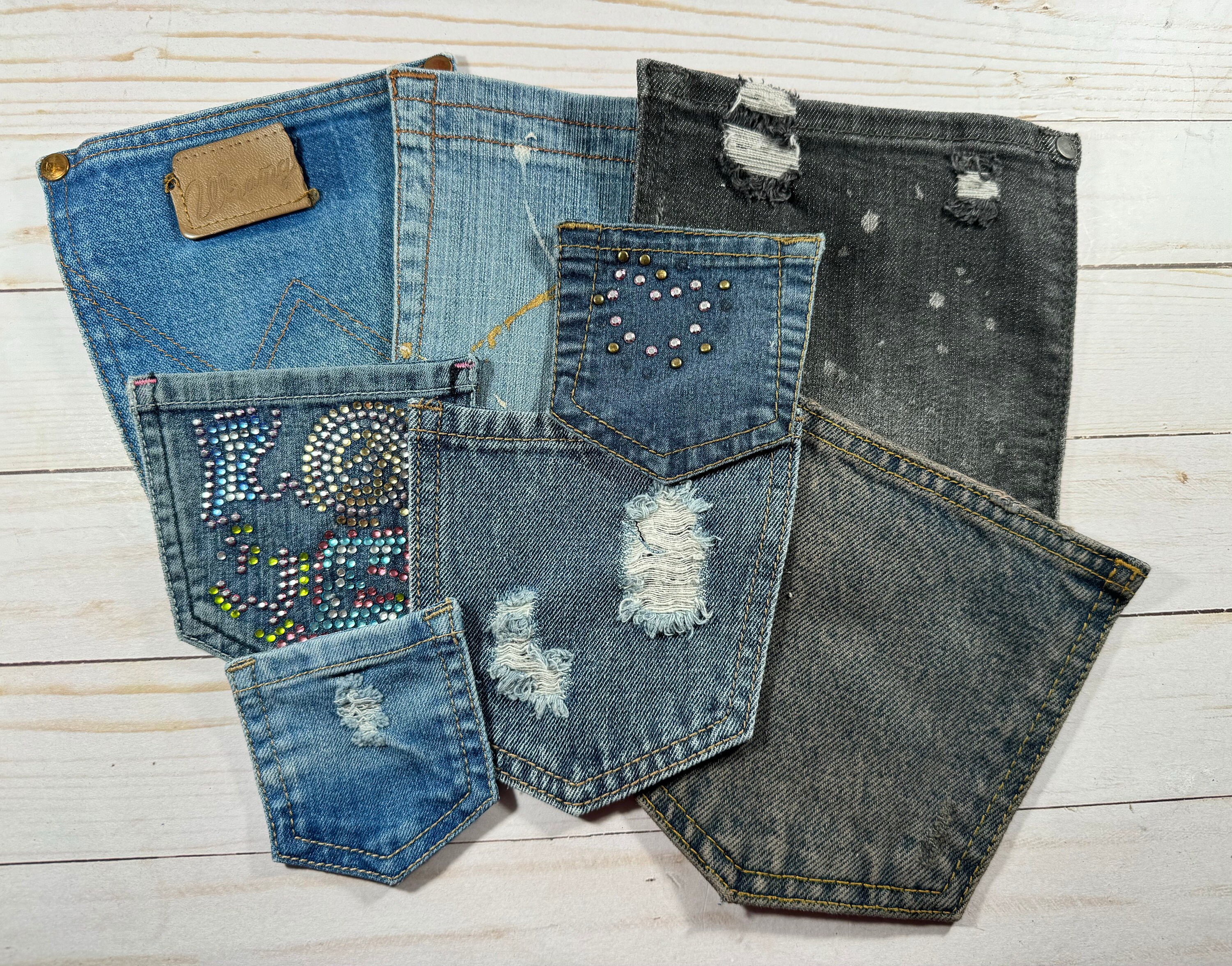 5 Denim Pockets DISTRESSED HOLES RIPPED Discolored Stained