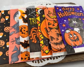 7 Halloween Treat Bags Paper Ephemera Set Vintage Halloween Junk Journal Supplies Mixed Media Pumpkin Cat Girl Bats Spiders Bags