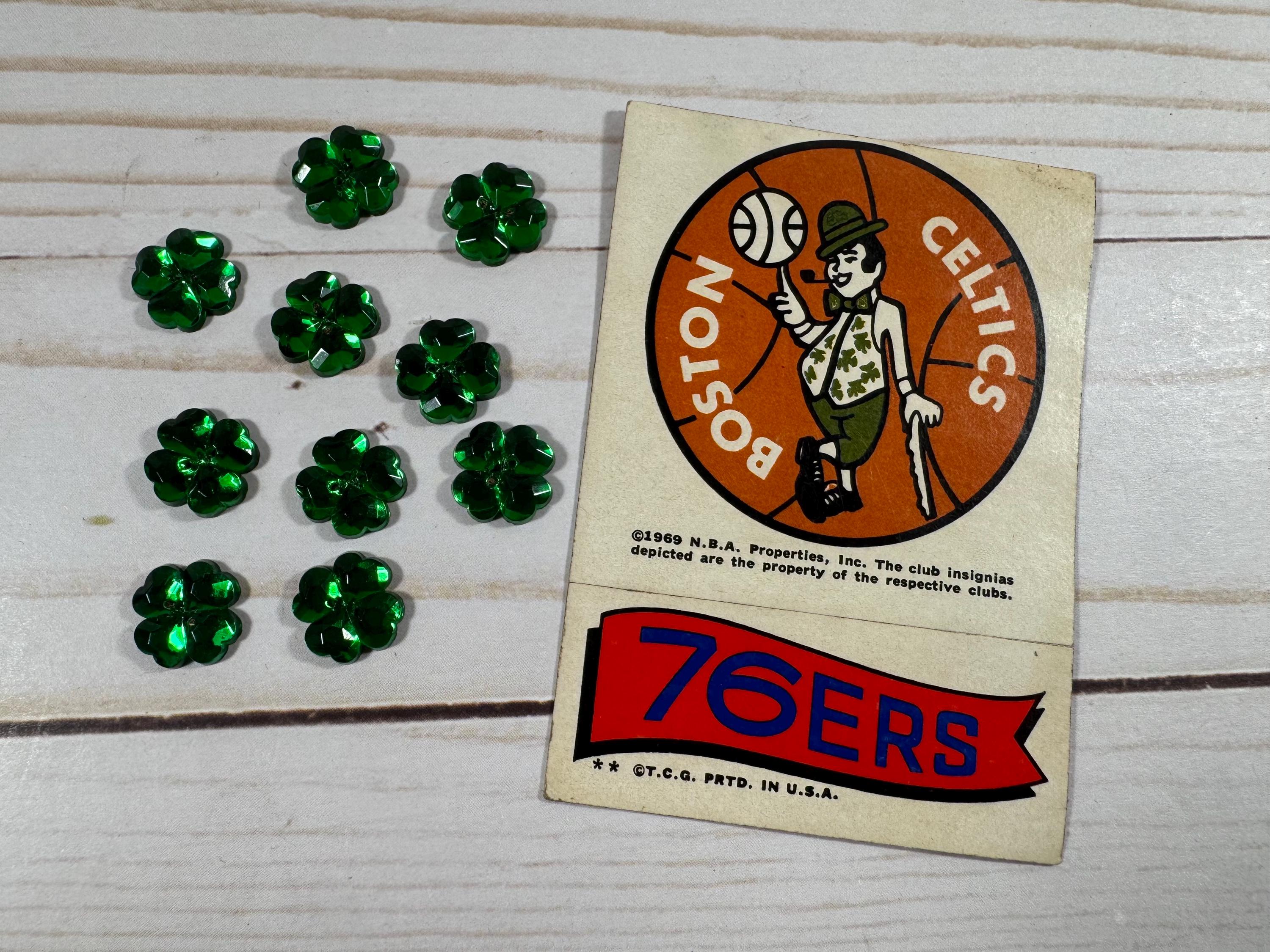1969 Celtics & 76ers Sticker With Shamrock Buttons: Vintage Sports