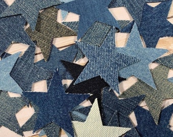 25 - Denim Stars BLUE and BLACK Combination of Sizes Jean Quilt Stars Quilting Hand Cut Patchwork Denim Precut Sewing Table Decor Repurposed