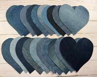 20 cœurs en denim coupés à la main : patchs appliqués de courtepointe bleu jean de 6 po.