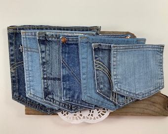 5 Denim Pockets Assorted Small Medium Large Size Set of 5 Blue Jean Denim Pocket Hand Cut Denim Quilt Sewing Quilting Repurposed Patchwork