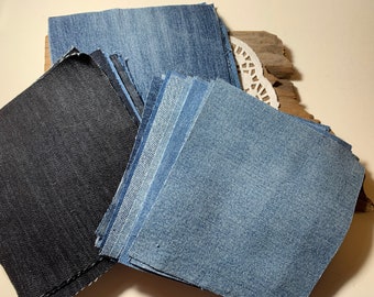20 Hand Cut Denim Quilt Squares: Blue Jean Patchwork (6.5")