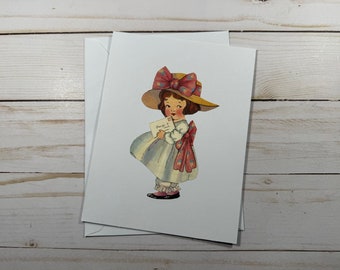 Repurposed Greeting Card Girl with Envelope Blank One of a Kind Card with Envelope Reused Card Send Happy Mail Original Paper 6 1/2” by 5”