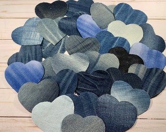 30 VERIGATED Denim Hearts Blue Jean Hearts Quilting Hand Cut Patchwork Denim Sew Appliqué Heart Precut Denim Sewing Repurposed Fabric Quilt