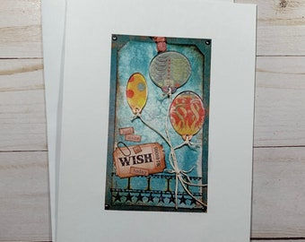 Repurposed Greeting Card Balloons Wish Blank One of a Kind Cards with Envelope Reused Card Send Happy Mail Original Paper Love Happy Card