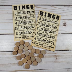 Vintage Wood Game Pieces & Bingo Cards: Mixed Media Art Supplies