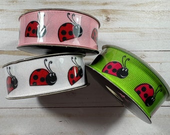 Grosgrain Ribbon Ladybugs Ribbon Trim Colored Pink Green White Ribbon Pattern Junk Journal Sewing Clothing Trim Wreath Hair Set of 3 Art Fun