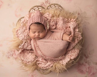 Baby Girl Wool Bonnet, Hat With Flower, Newborn Photo props