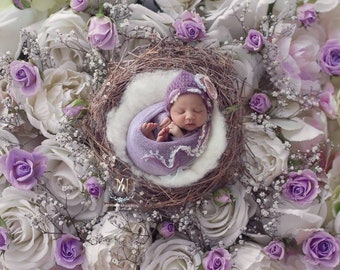 Purple Violet Mohair Newborn Hat, Baby Girl Bonnet, Vintage Crochet Hat